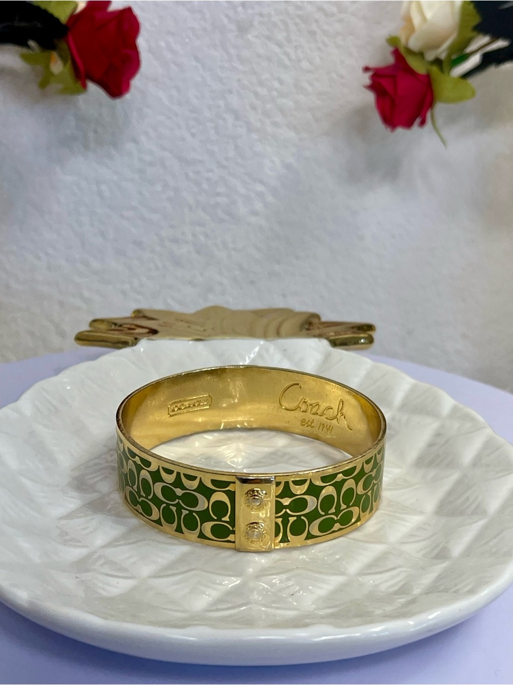 Coach Green Enamel Signature C Pattern Gold-Tone Slip-on Bangle Bracelet